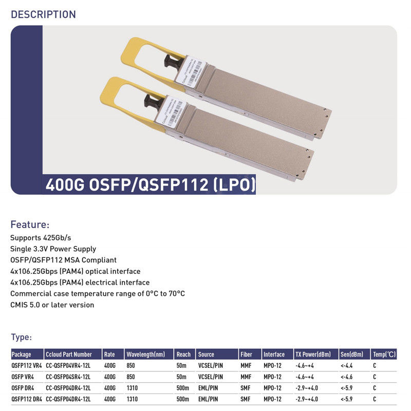 400G QSFP112 SR4 Hot-Plug Multimode Fiber Optic Transceiver 100m Interconexão para Data Centers e Interconexões Ópticas