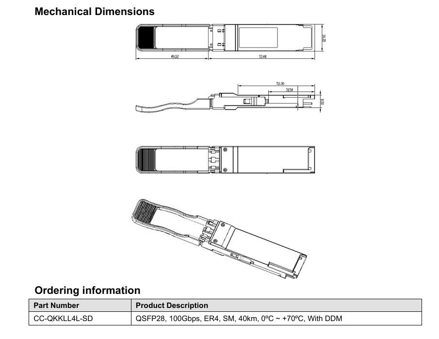 Fonte de alimentação única de 3.3V 100GBase QSFP28 ER4 40KM Fibra Óptica Equipamento Duplex LC módulo de transceptor óptico para suas necessidades